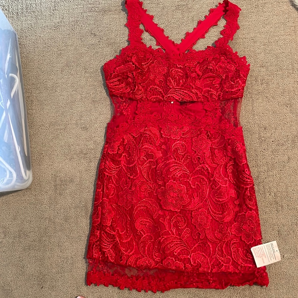 Red, lace mini dress with cross cross back.  NWT